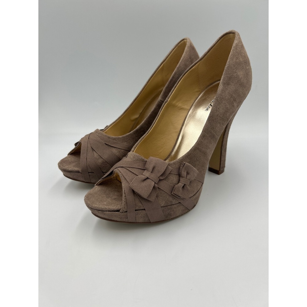 Eva & Zoe Womens Size 10 Taupe Faux Suede Peep Toe Bow Platform Pumps Heels